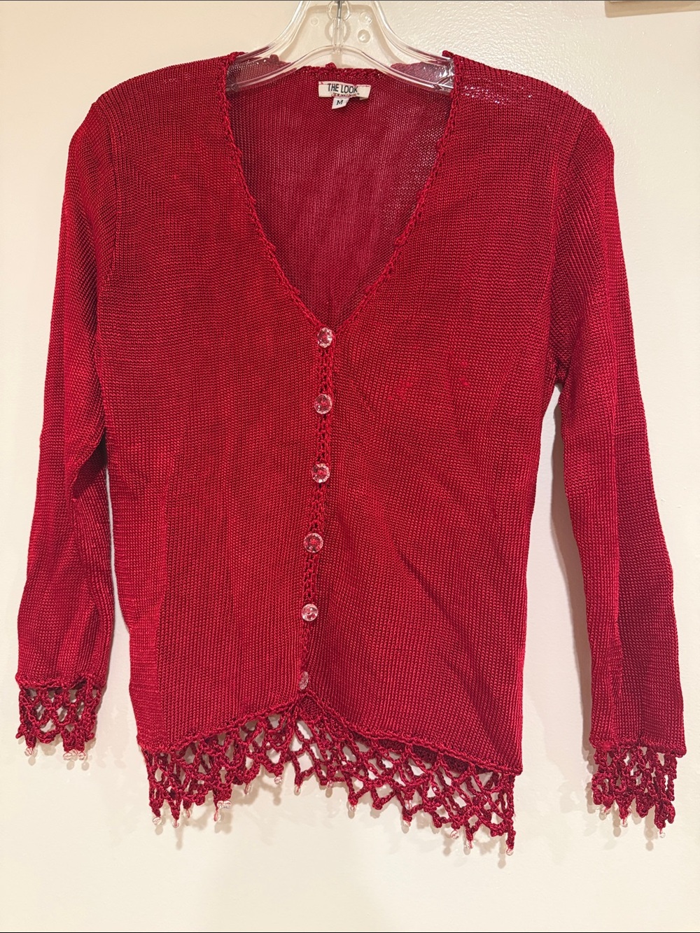 Vintage 90s The Look Newport Beach Red Knit Crochet Fringe Cardigan